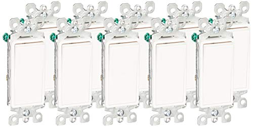 Product Cover Leviton 5603-2W 15 Amp, 120/277V, Decora Rocker 3-Way AC Quiet Switch, Residential Grade, Grounding, 10 Pack, White