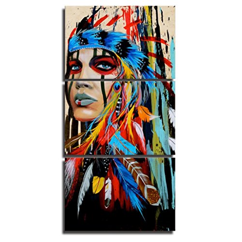 Product Cover Native American Indian Canvas Wall Art Paintings Woman Girl Colorful Feathered Prints in 3 Panles Verical Paintings for Home Walls Decoration,Framed