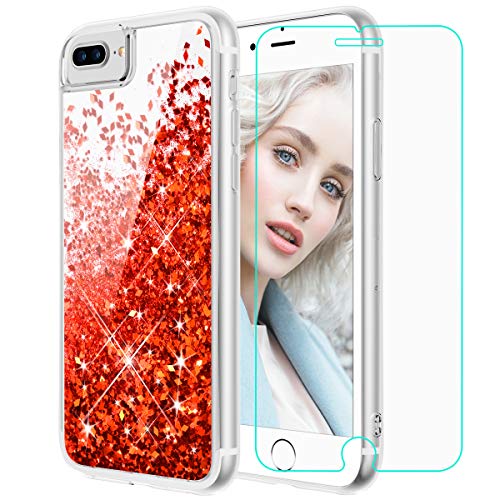 Product Cover Maxdara iPhone 8 Plus Case, iPhone 7 Plus Glitter Liquid Case with Screen Protector Floating Bling Sparkle Luxury Pretty Girls Women Case for iPhone 6 Plus 6s Plus 7 Plus 8 Plus (Red)