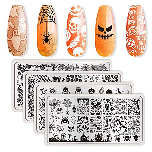 Product Cover BORN PRETTY 4Pcs Nail Art Stamping Plates Halloween Pumpkin Ghost Skull Bat Templates Image Plates for manicuring DIY Print