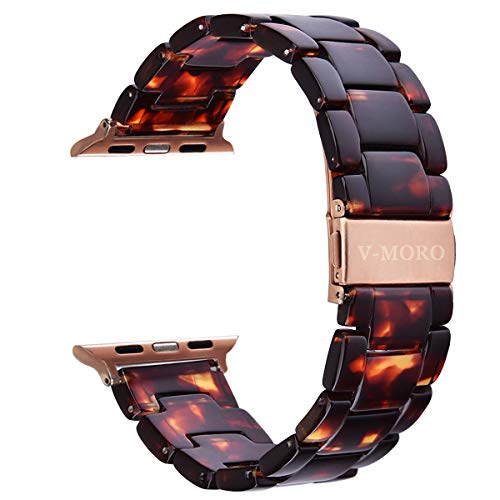 Product Cover V-MORO Resin Strap Compatible with Apple Watch Band 38mm 40mm Series 5/4/3/2/1 Women Men with Stainless Steel Buckle, Apple Watch Replacement Wristband Strap(Tortoise-Tone, 38mm)