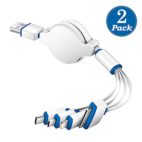 Product Cover KINGBACK (2 Pack) Multi USB Charger Cable, Retractable 4 in 1 Universal Multiple USB Cable Adapter Connector with Type C/Micro USB Port for Cell Phones Tablets and More (Charging Only)