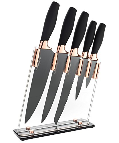 Product Cover 6 Piece Knife Set | 5 Beautiful Rose Gold Knives with Knife Block | Sharp Kitchen Knife Sets | Multiple Size, All Purpose Kitchen Knives | 8