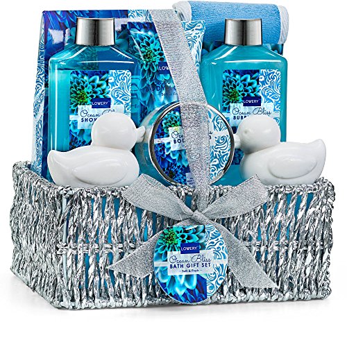 Product Cover Home Spa Gift Basket in Heavenly Ocean Bliss Scent - 9 Piece Bath & Body Set With Shower Gel, Bubble Bath, Salts, Lotions & more! Great Wedding, Mothers Day, Birthday & Graduation Gift for Women & Men