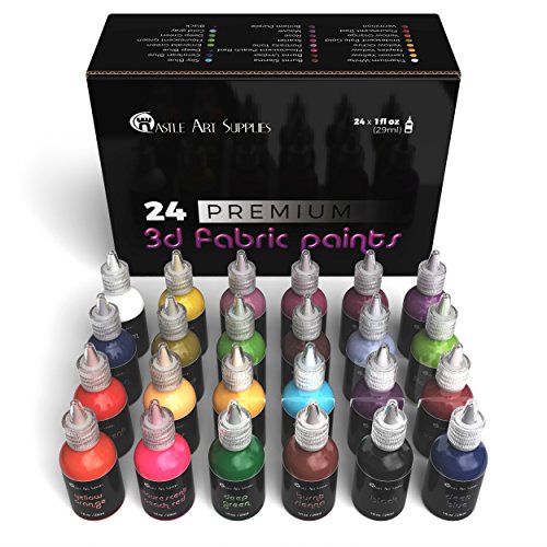 Product Cover Castle Art Supplies 3D Fabric Paint Set - 24 Premium Vibrant Puffy Colors Perfect for Clothing, Canvas, Glass and Wood - Includes 3 Brushes - 29ml per Bottle, Non Toxic, Safe for Children