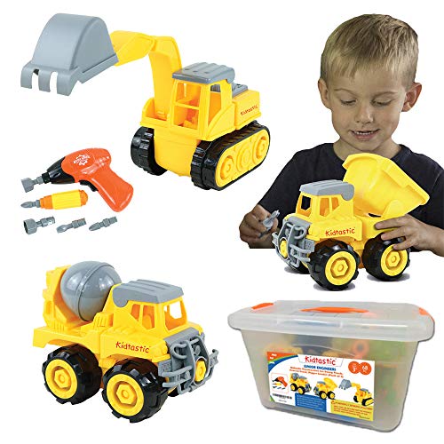 Product Cover Kidtastic Construction Vehicles, STEM Learning (Set 68 Piece) Take Apart Fun (Pack of 3), Dump Truck, Cement Truck & Digger | with Tools and Electric Drill | Gifts for Boys & Girls Ages 3-6 yrs-Old