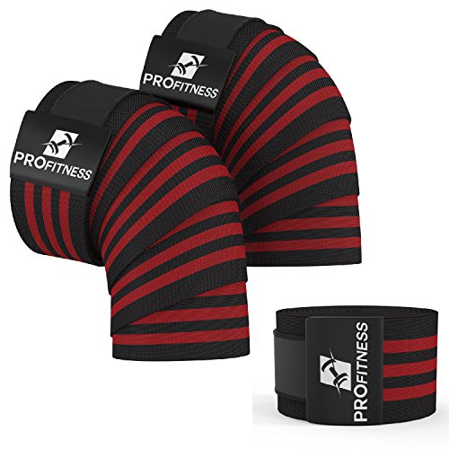 Product Cover ProFitness Weightlifting Knee Wraps (Pair) - Adjustable Compression Sleeves for Cross Training, Squats, Powerlifting, Weightlifting - Improved Gym Workout Strength & Stability - Unisex (Black/Red)