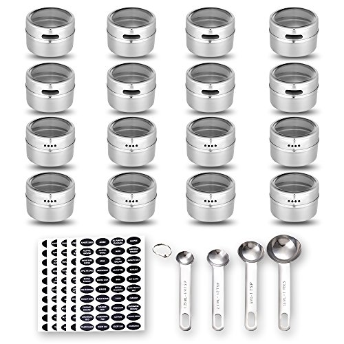Product Cover 16 Magnetic Spice Tins, 200 Spice Labels, 4 Stainless Steel Measuring Spoons by Hanindy. Magnetic Spice Containers Organizer Storage Condiment Jar Set of 16, Clear Lid, Sift and Pour