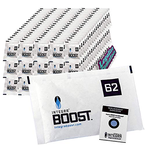 Product Cover Integra Boost 67g 62% Percent 100 Pack for Humidity Control- Premium Humidifier Packets Preserve Herb Smell. Moisture Curing Gel Packs for Cigar, Humidor and Cannador. Free Legalize Tomatoes Sticker