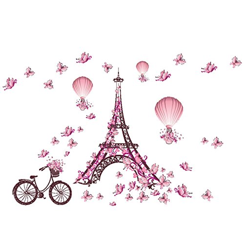 Product Cover Decor MI Romance Eiffel Tower Paris Tower Butterfly Balloon Wall Decal Stickers Waterproof Removable Background Wall Art Wallpaper Decorations 39x26 inches