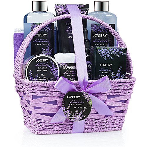 Product Cover Home Spa Gift Basket, 9 Piece Bath & Body Set for Women and Men, Lavender & Jasmine Scent - Contains Shower Gel, Bubble Bath, Body Lotion, Bath Salt, Scrub, Massage Oil, Loofah & Basket