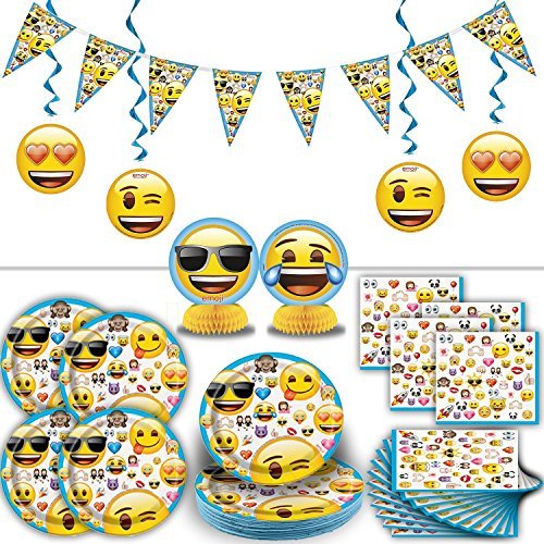 Product Cover Emoji Party Supplies for 16: Includes Plates, Napkins, Hanging Banner, Swirl Decorations, Centerpieces