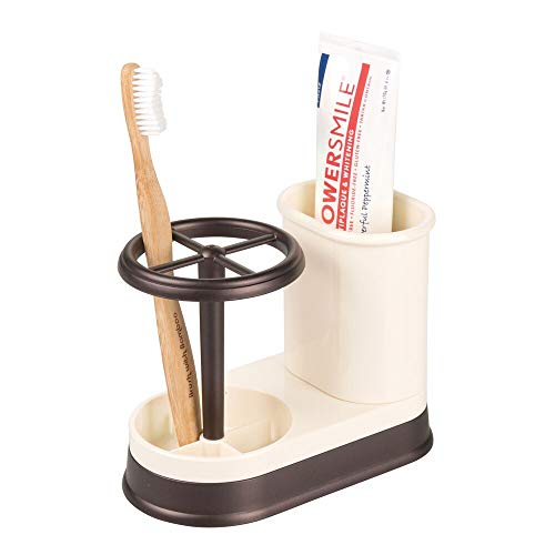 Product Cover mDesign Decorative Bathroom Dental Storage Organizer Holder Stand for Electric Spin Toothbrush/Toothpaste - Compact Design for Countertop and Vanity, Holds 4 Standard Brushes - Vanilla/Bronze