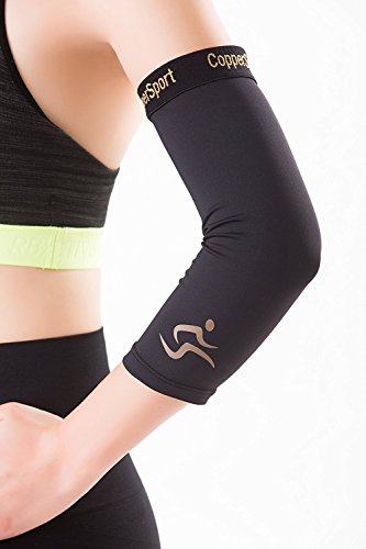 Product Cover CopperSport Copper Compression Elbow Sleeve Support - Suitable for Athletics, Tennis, Golf, Basketball, Sports, Weightlifting, Joint Pain Relief, Injury Recovery (Single Sleeve), Black, Medium