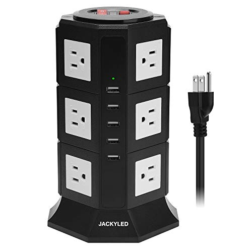 Product Cover Surge Protector Power Strip Tower JACKYLED 12 AC Outlets 3000W 15A and 5 USB Slots 8A Desktop Smart Universal Charging Station Multiple Protection with Heavy Duty 6.5ft 14 AWG Extension Cord for Home