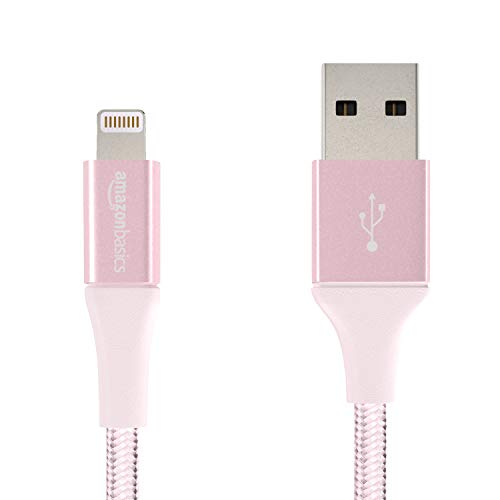 Product Cover AmazonBasics Double Braided Nylon Lightning to USB Cable, Advanced Collection, MFi Certified iPhone Charger, Rose Gold, 4 Inch