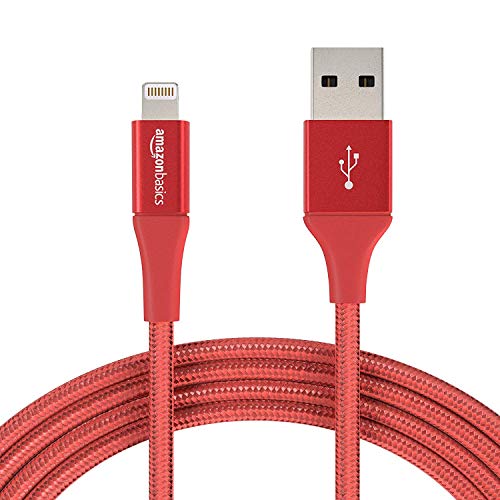 Product Cover AmazonBasics Double Braided Nylon Lightning to USB Cable, Advanced Collection, MFi Certified iPhone Charger, Red, 10 Foot