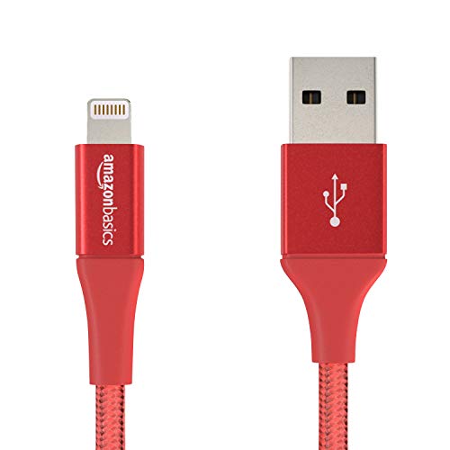 Product Cover AmazonBasics Double Braided Nylon Lightning to USB Cable, Advanced Collection, MFi Certified iPhone Charger, Red, 4 Inch