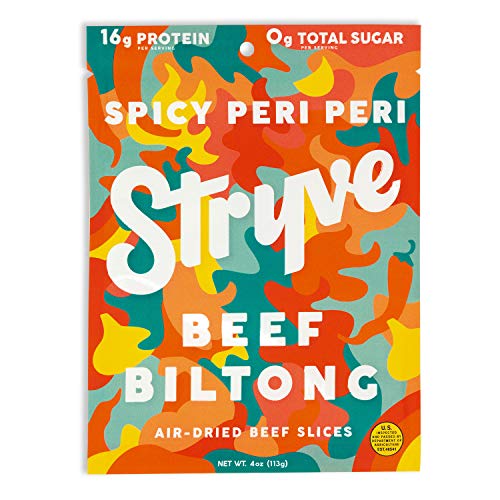 Product Cover Stryve Protein Snack | Air Dried 100% Beef Biltong | Lighter Than Jerky Keto Meat Snack | No Carb, No Sugar | No Gluten No Soy | 16g Protein | Spicy Peri Peri, 4oz