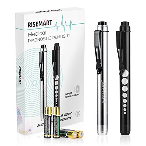 Product Cover Pen Light, RISEMART Nurse Led Medical Penlight with Pupil Gauge for Nursing Students Doctors Black and Silver with Batteries
