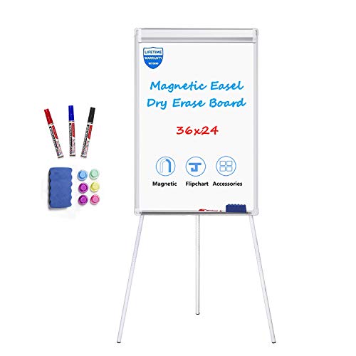 Product Cover White Board Easel Stand Magnetic Whiteboard Flipchart Tripod Easel Height Adjustable Dry Erase Board with 1 Eraser, 3 Markers, 6 Magnets, 24x36 inches, Silver