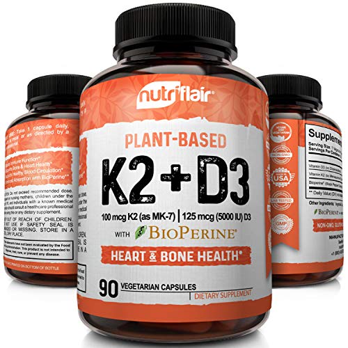 Product Cover NutriFlair Vitamin K2 (MK7) with D3 5000 IU Supplement with BioPerine (Black Pepper) for Immune System Support, Strong Bones and Heart Health (90 Tiny Easy to Swallow Vegetable Capsules)