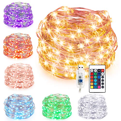 Product Cover Kohree String Lights Christmas Light, Colored Fairy Light, 33ft 100 LEDs 16 Colors, USB Powered Warm White Multi Color Changing String Lights with Remote, Silver Wire Lights for Holiday Decoration