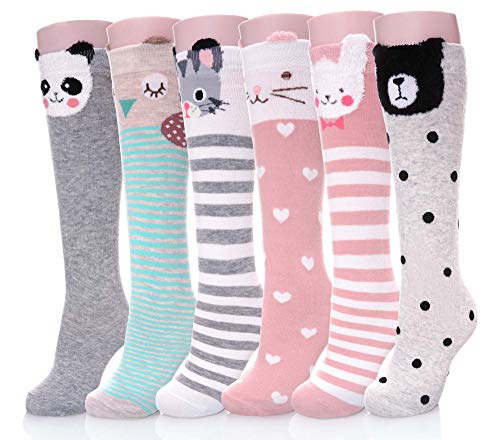 Product Cover Girls Socks Knee High Socks Cartoon Animal Warm Cotton Stockings 6 Pairs Animal A