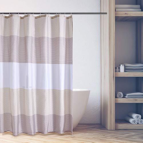 Product Cover BUZIO Fabric Shower Curtain with 12 Curtain Hooks for Bathroom Polyester Waterproof, 72 x 72 Inches, Brown and Beige