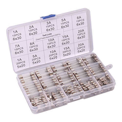 Product Cover 250pcs Quick Blow Glass Tube Fuse Assorted Kit Amp 250V 1A, 2A , 3A , 5A, 6A , 7A , 8A, 10A, 15A,20A, 6x30mm, 250V 1A, 5A, 10A, 15A, 20A, 5x20mm Ted Lele (5x20mm and 6x30mm)