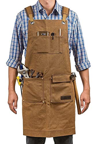 Product Cover Luxury Waxed Canvas Shop Apron | Heavy Duty Work Apron for Men & Women with Pocket & Cross-Back Straps | Adjustable Tool Apron Up To XXL (Brown)