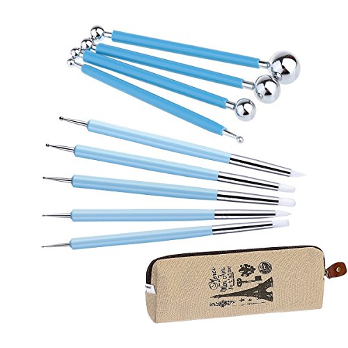Product Cover Ecjiuyi 9PCS Stylus Tools, 5PCS 5 X 2 Way Dotting Tool Rubber Brushes Wipe Out Tools and 4PCS Double-Ended Metal Ceramic Clay Dotting Tools with a Storage Case