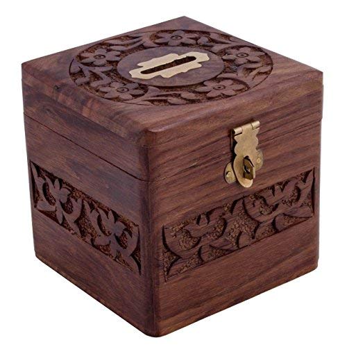 Product Cover Indian Glance Beautiful Handmade Wooden Money Bank Safe Box in Square Shape - Piggy Bank Birthday Gifts for Girls | Boys