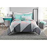 Product Cover Fun and Bold Mainstays Gray and Teal Bed in a Bag Modern Comforter Set, Geometric Triangle Print with Teal Blue Gray and Pink Coral, Great for Dorms and Kid's Rooms! (Full)
