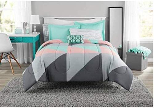 Product Cover Fun and Bold Mainstays Gray and Teal Bed in a Bag Modern Comforter Set, Geometric Triangle Print with Teal Blue Gray and Pink Coral, Great for Dorms and Kid's Rooms! (Queen)