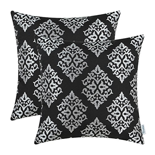 Product Cover CaliTime Pack of 2 Soft Jacquard Throw Pillow Covers Cases for Couch Sofa Home Decoration Vintage Diamond Shape Damask Floral 18 X 18 Inches Black