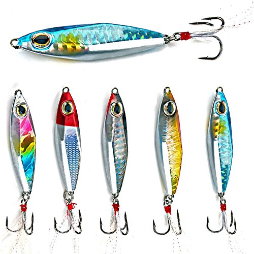 Product Cover Sougayilang Jigs Fishing Lures Sinking Metal Spoons Micro Jigging Bait with Treble Hook for Saltwater Freshwater Fishing-A-2.56in/1.16oz-5PCS with Box