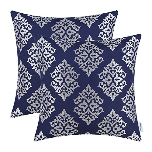 Product Cover CaliTime Pack of 2 Soft Jacquard Throw Pillow Covers Cases for Couch Sofa Home Decoration Vintage Diamond Shape Damask Floral 18 X 18 Inches Navy Blue