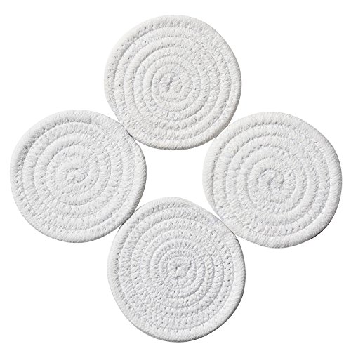 Product Cover Coasters Set, Pure Cotton Thread Weave Round Drink Hot Pads Mats Coasters Set of 4 by 4.3 Inches Protect Furniture From Excess Condensation & Scratch (White)