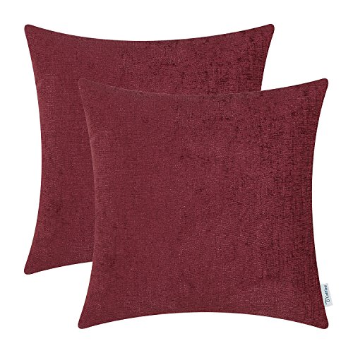 Product Cover CaliTime Pack of 2 Cozy Throw Pillow Covers Cases for Couch Sofa Home Decoration Solid Dyed Soft Chenille 18 X 18 Inches Burgundy