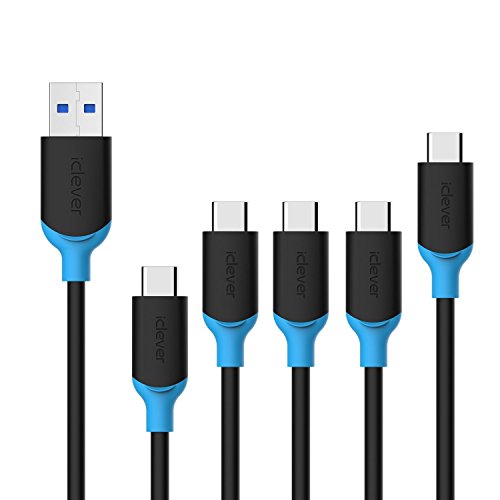 Product Cover USB Type C Cable, iClever USB A 3.1 to Type C Cable (5-Pack, 1x1.7ft, 3x4.0ft, 1x7.2ft) Fast Charging and Data Sync Cable for MacBook, Samsung Note 8, S8, Nintendo Switch, Google Pixel, Nexus 6P 5X
