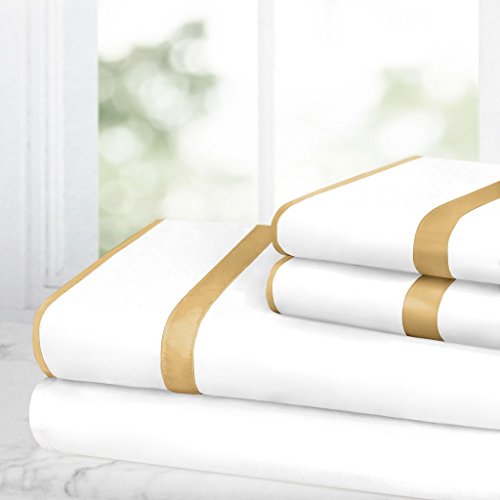 Product Cover Egyptian Luxury Bed Sheet Set - 1500 Hotel Collection w/Beautiful Satin Band Trim - Ultra Soft Wrinkle & Fade Resistant Microfiber, Hypoallergenic 4 Piece Set- Queen - White/Gold
