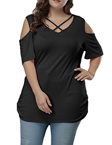 Product Cover Allegrace Plus Size Tops for Women Short Sleeve Summer Sexy Criss Cross Cold Shoulder T Shirts