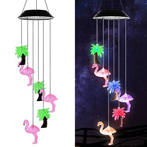 Product Cover AceList Changing Color Solar Powered Plastics Flamingo Tree Wind Chime Wind Moblie LED Light, Spiral Spinner Windchime Portable Outdoor Chime for Patio, Deck, Yard, Garden, Home,