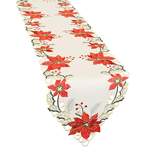 Product Cover Grelucgo Christmas Holiday Embroidered Poinsettia Table Runners 15x90 inch