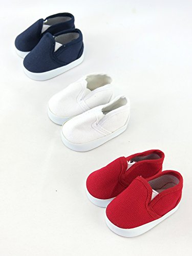 Product Cover American Fashion World 3 Pack of Canvas Slip Ons Red White and Blue Fits 18 inch Doll