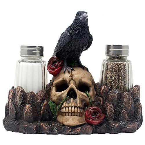 Product Cover Bone Chilling Raven on Human Skull Salt and Pepper Shaker Set with Decorative Display Stand Figurine for Scary Halloween Decorations or Medieval & Gothic Kitchen Table Decor As Spooky Fantasy Gifts