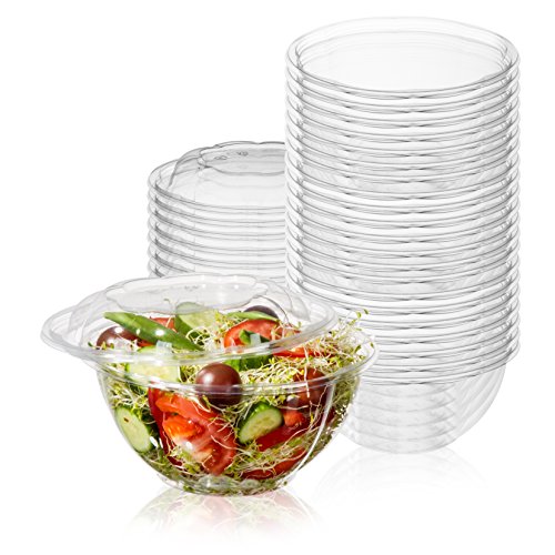 Product Cover 50-Pack 32oz Plastic Disposable Salad Bowls with Lids - Eco-Friendly Clear Food Containers - Extra-Thick Materials - Portable Serving Bowl Set to Pack Lunch - Super Strong Seal To Preserve Freshness