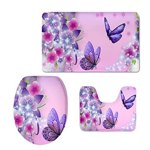 Product Cover chaqlin Soft Flannel Non Slip Bath Rug Set Butterfly Pink Bathroom Mat Contour and Toilet Lid Cover