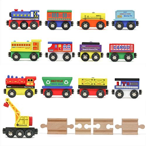Product Cover Tiny Conductors 12 Wooden Train Cars with 1 Bonus Crane and 4 Bonus Connectors Locomotive Tank Engines and Wagons for Toy Train Tracks
